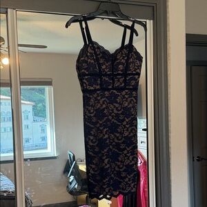 B Darlin Navy and Beige Lace Midi Dress